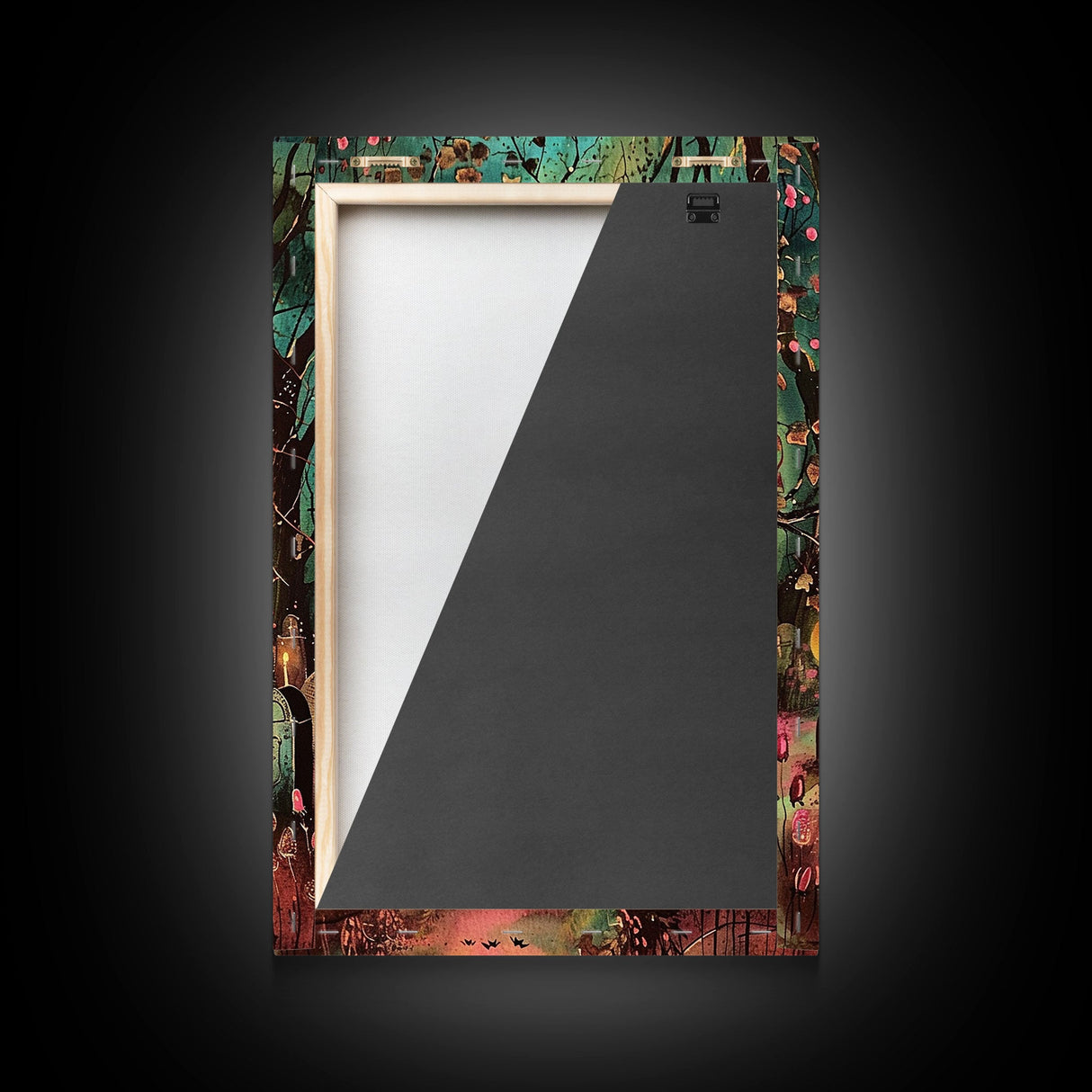 Gothic Churchyard with Moon and Lanterns Framed Canvas Print, Wall Art, Spooky Home Decor, Halloween Cemetery, Gothic Art, Haunted Graveyard