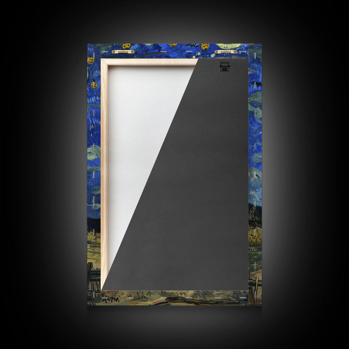 Haunted Railway Station with Pumpkins Framed Canvas Print, Wall Art, Spooky Home Decor, Halloween Train Station Art, Eerie Painting