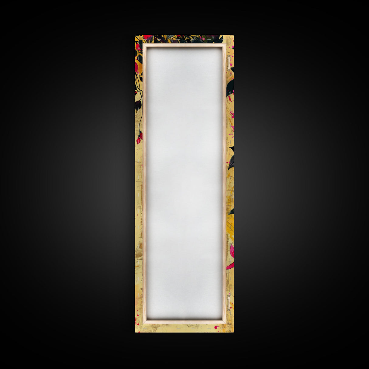 Skinny Art Tall Art Framed Canvas Print Bold Fuchsia Flowers In Dynamic Composition Over A Vibrant Yellow Background Ukiyo-e Japanese Style Art