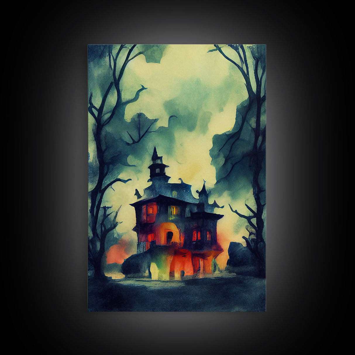 Spooky Watercolor of a Haunted House, Halloween Art, Framed Canvas Print, Ready To Hang Framed Wall Art, Living Room Wall Decor