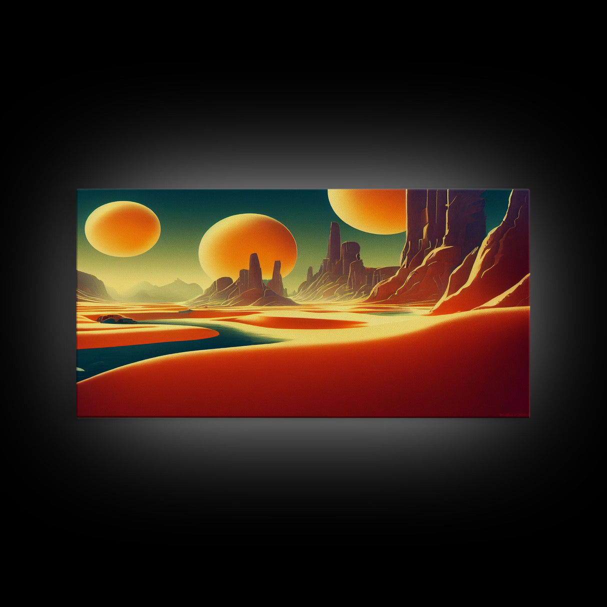 Trippy Art Deco Scifi Painting of an Alien World, Wall Decor, Ready To Hang Framed Canvas Print, Oversize Wall Art