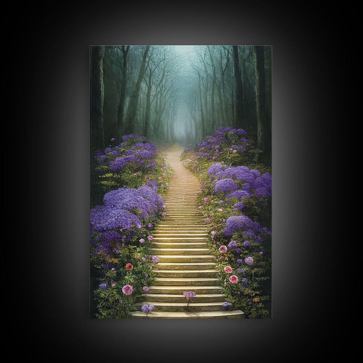 Lavender Lined Stairs Leading To The Haunted Forest, Fantasy Wall Art, framed canvas print, framed art