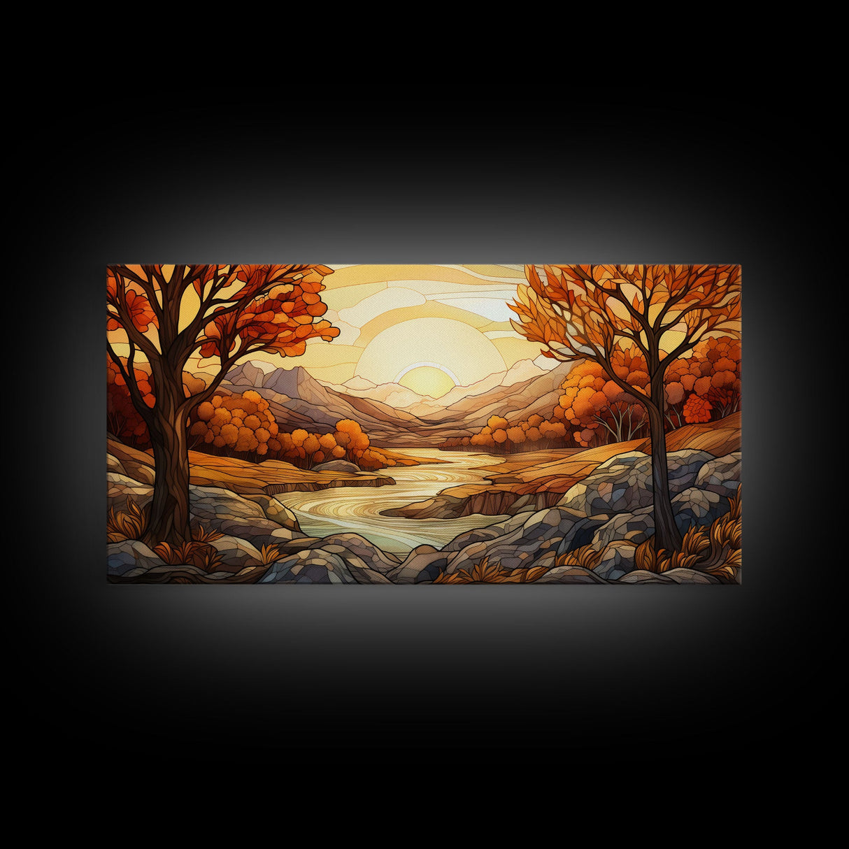 Fall Centerpiece Landscape Painting Canvas Print, Stained Glass Style Art, Stained Glass Wall Art, Autumn Decor, Rustic Fall Art, Fall Decor