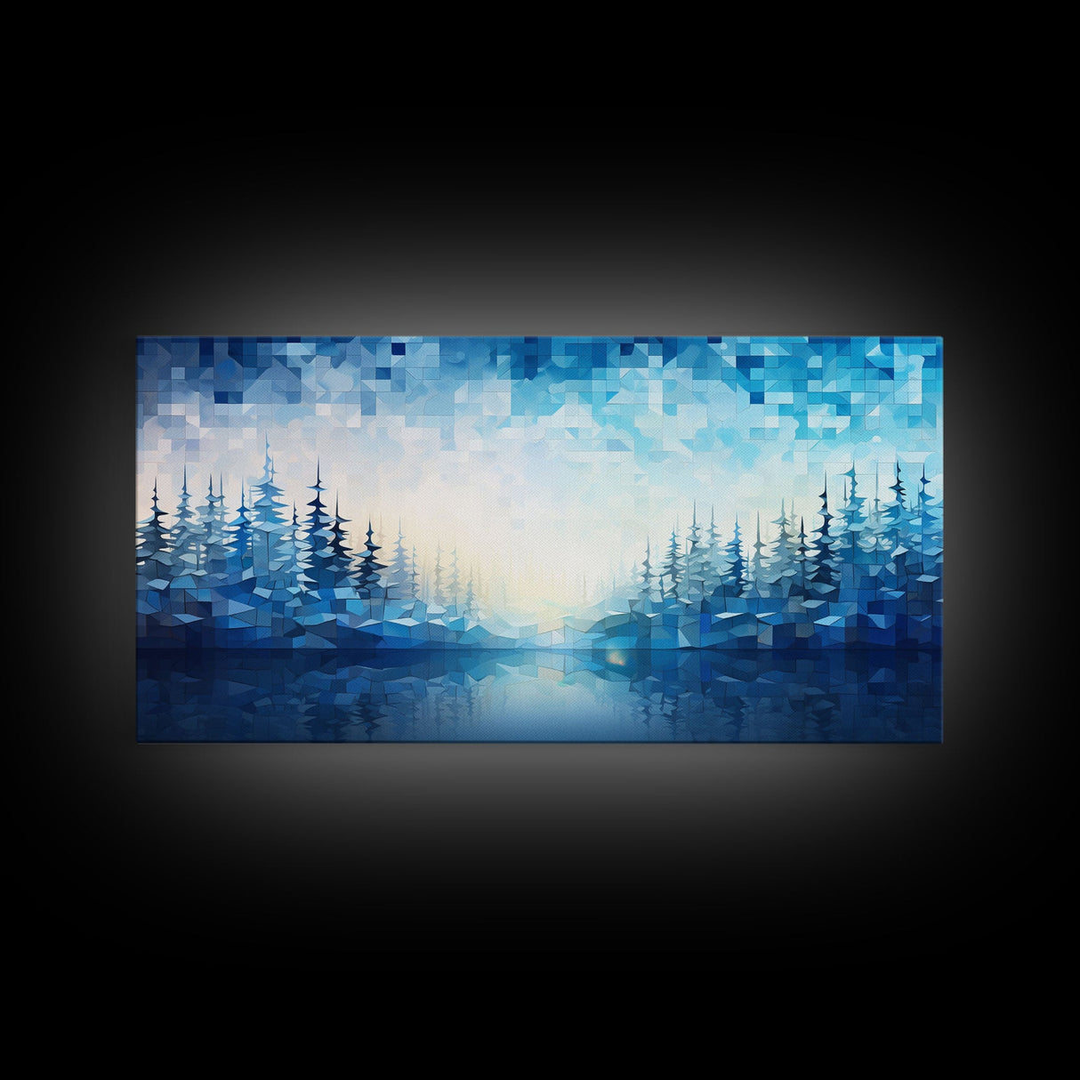 A Winter Scene, Framed Canvas Print, Mosaic Style Painting Print, Stained Glass Style Art, Above Mantle Art, Living Room Decor