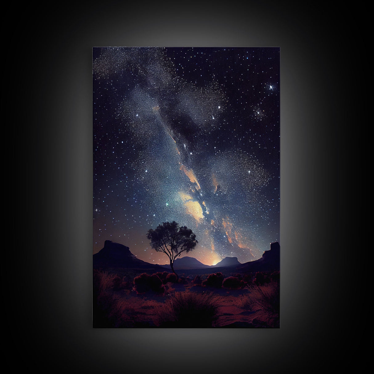 Starry night sky over the plains of Texas, beautiful farmhouse art, primitive art, framed canvas print