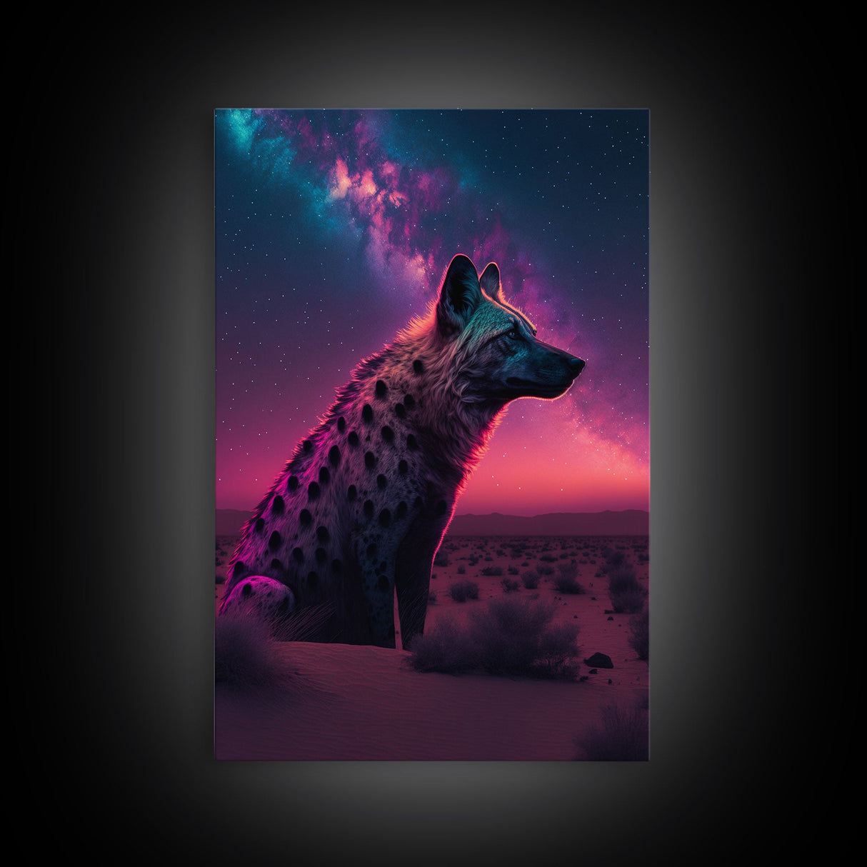 Portrait of a Neon Hyena, Laughing Hyenas, Framed Canvas Print, Unique Wall Art, Kid Room Art, Synthwave Retro Style Decor
