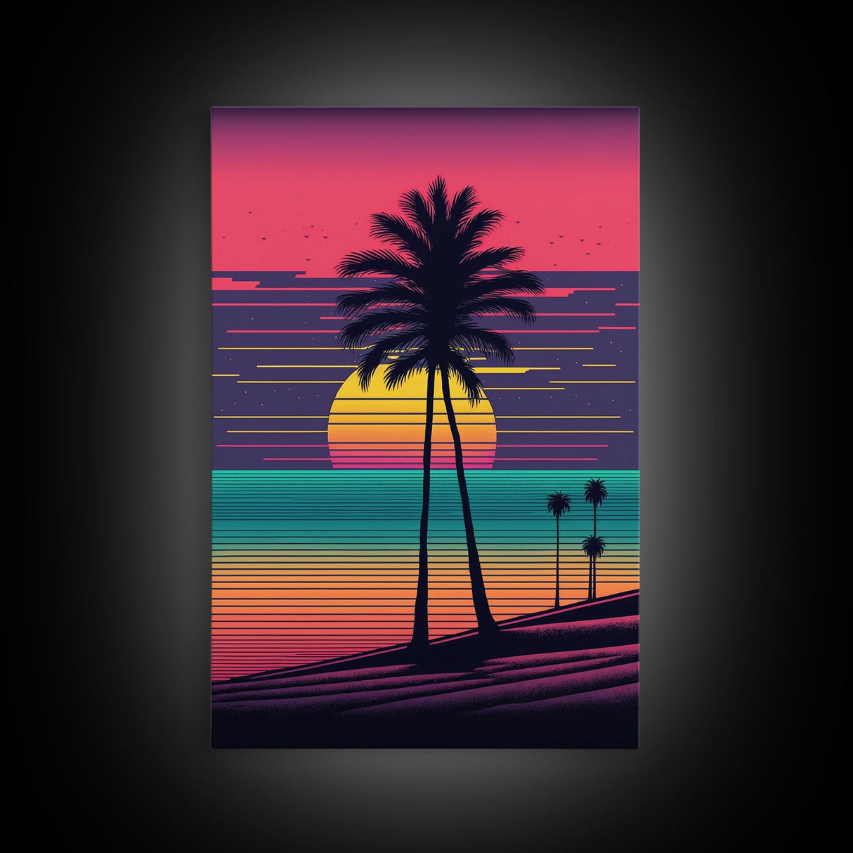 Synthwave Sunset, Retro Office Art, 80s Vibes, Framed Canvas Print, Framed Art, Trendy Wall Hanging