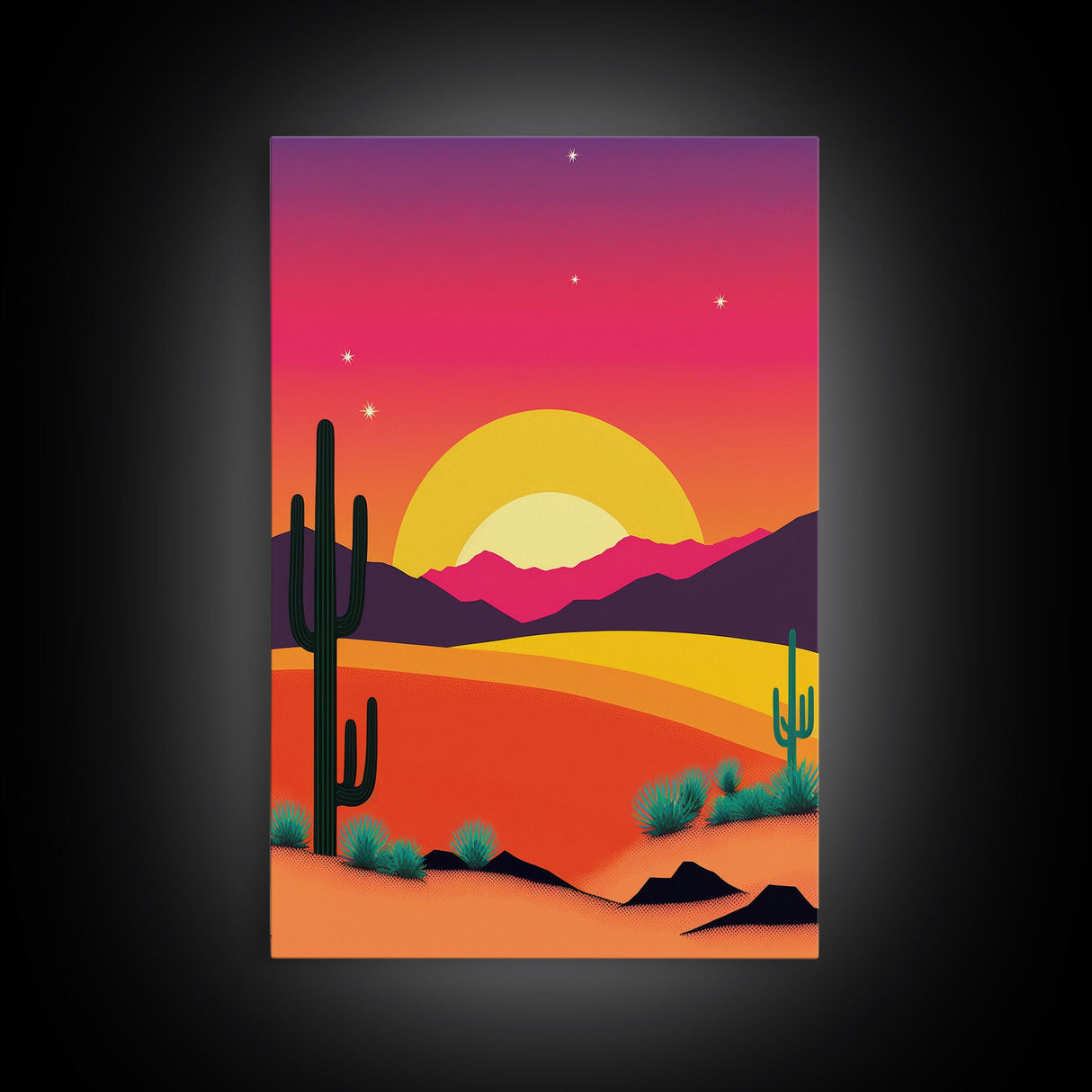 Framed Canvas Art | Sunset Desert Landscape | Pop Art Style | UV-Resistant Coating | Hand-Stretched | 1.5" Thick Wooden Frame