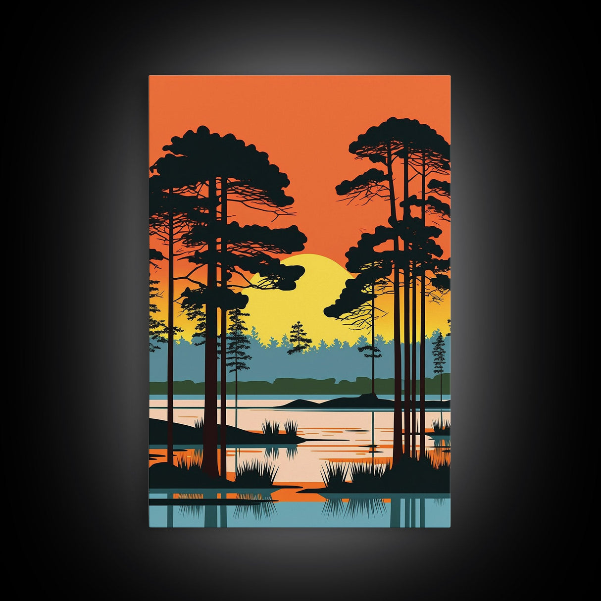 Vintage Style Art, Framed Canvas Prints, Lake and Pine Tree Forest Landscape, Florida Everglades at Sunset