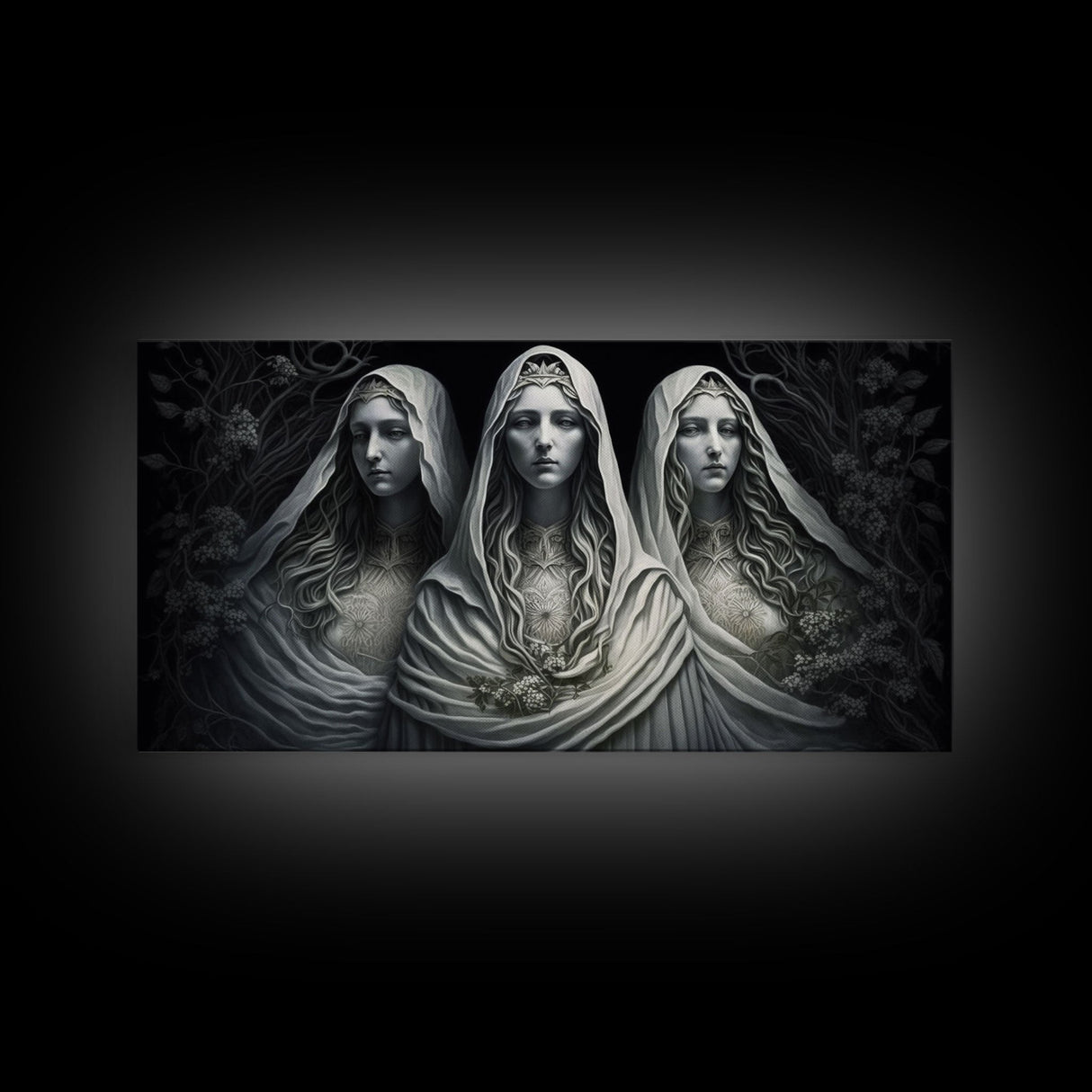 The Norns, Norse Mythology, Weavers of Fate, Framed Canvas Print, Urðr, Verðandi, and Skuld, Black and White Norse Fantasy Art