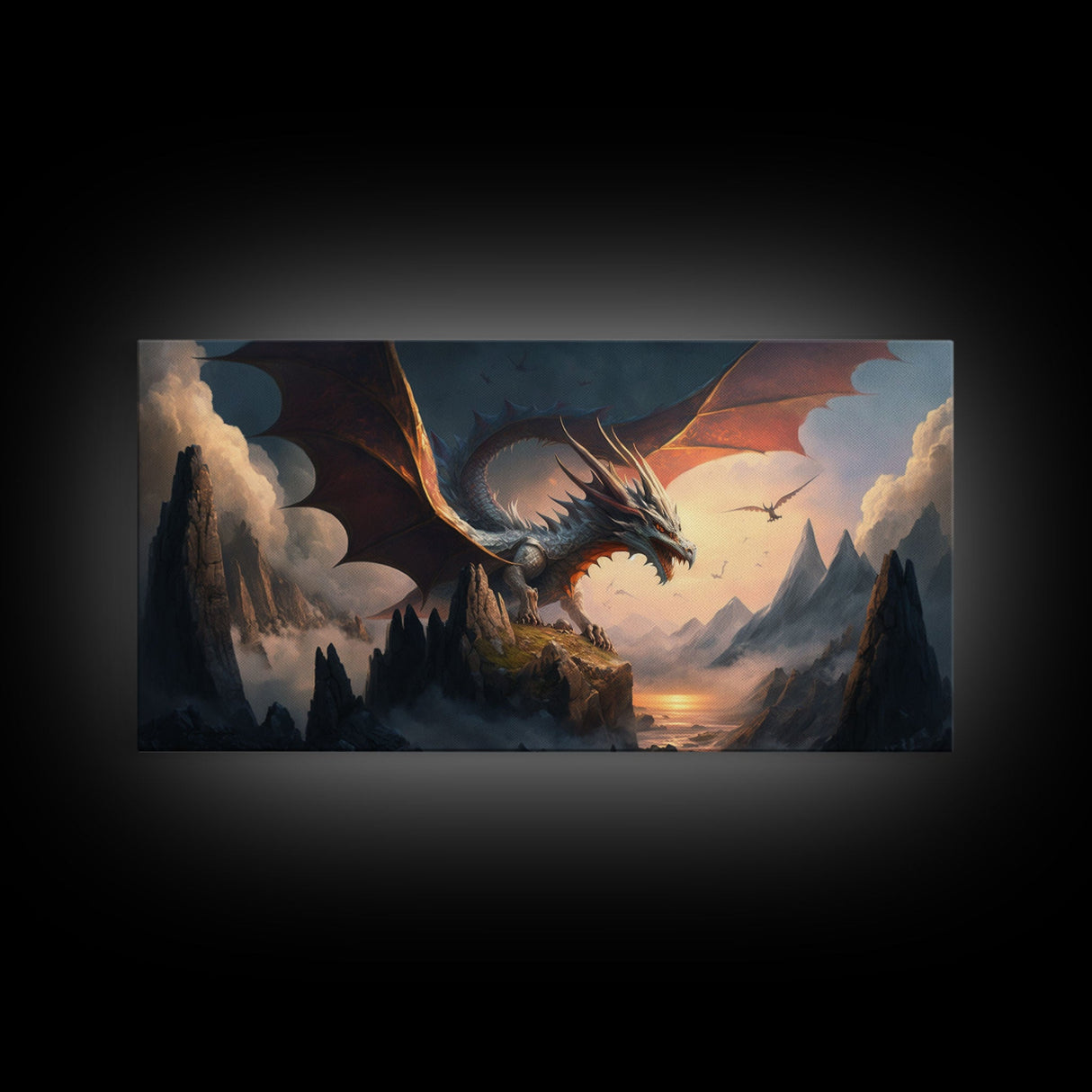 White Dragon on a Mountain Top, Fantasy Art, Framed Canvas Print, Medieval Fantasy Art, Fire breathing dragons