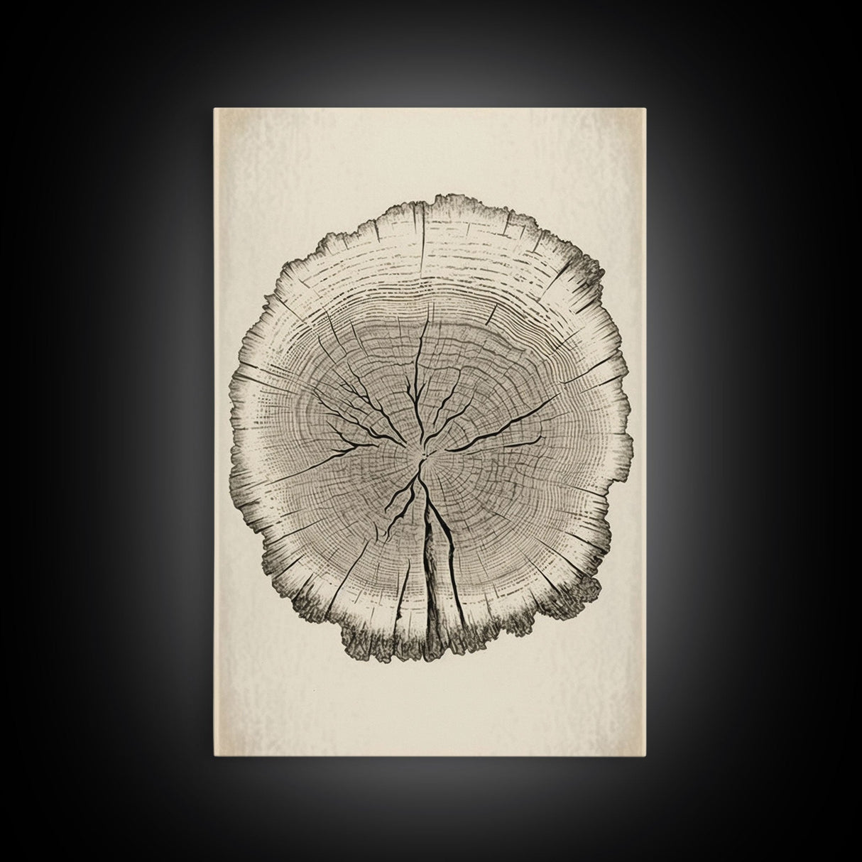 Framed Wall Art Canvas Print, Tree Cross Section, Tree Rings, Rustic Art, Farmhouse Decor, Oak Wood Tree Rings, Illustration, Gift For Him