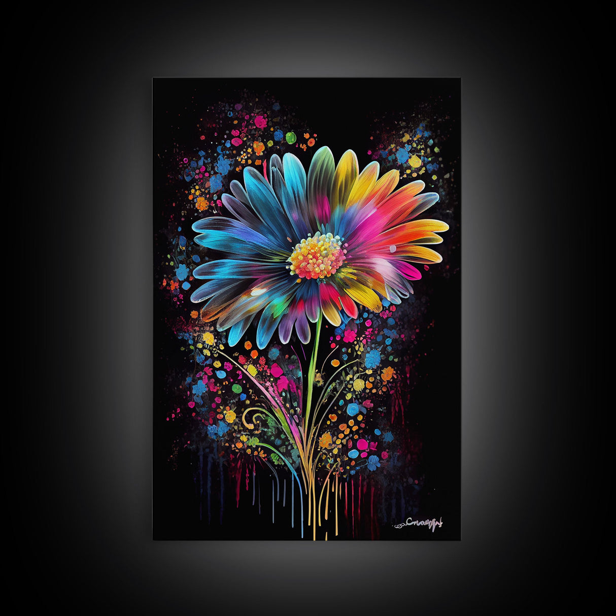 Neon Graffiti Flowers, Framed Canvas Print, Original Painting, Huge Wall Art, Large Format Living Room Art