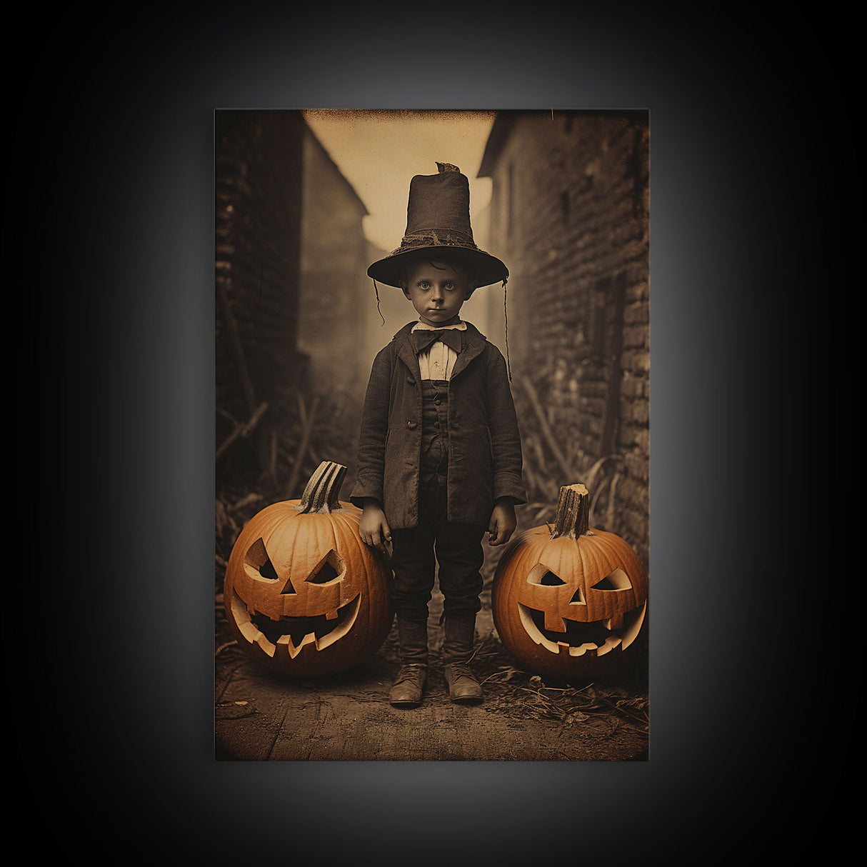 Spooky Victorian Tintype Photography, Framed Canvas Print, Halloween Art, Halloween Canvas, Pilgrim Boy and His Jack O' Lanterns