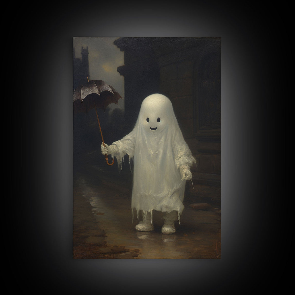 Cute Ghost Painting, Ghost In The Rain, Vintage Canvas, Art Canvas Print, Dark Academia, Haunting Ghost, Cute Halloween Decor
