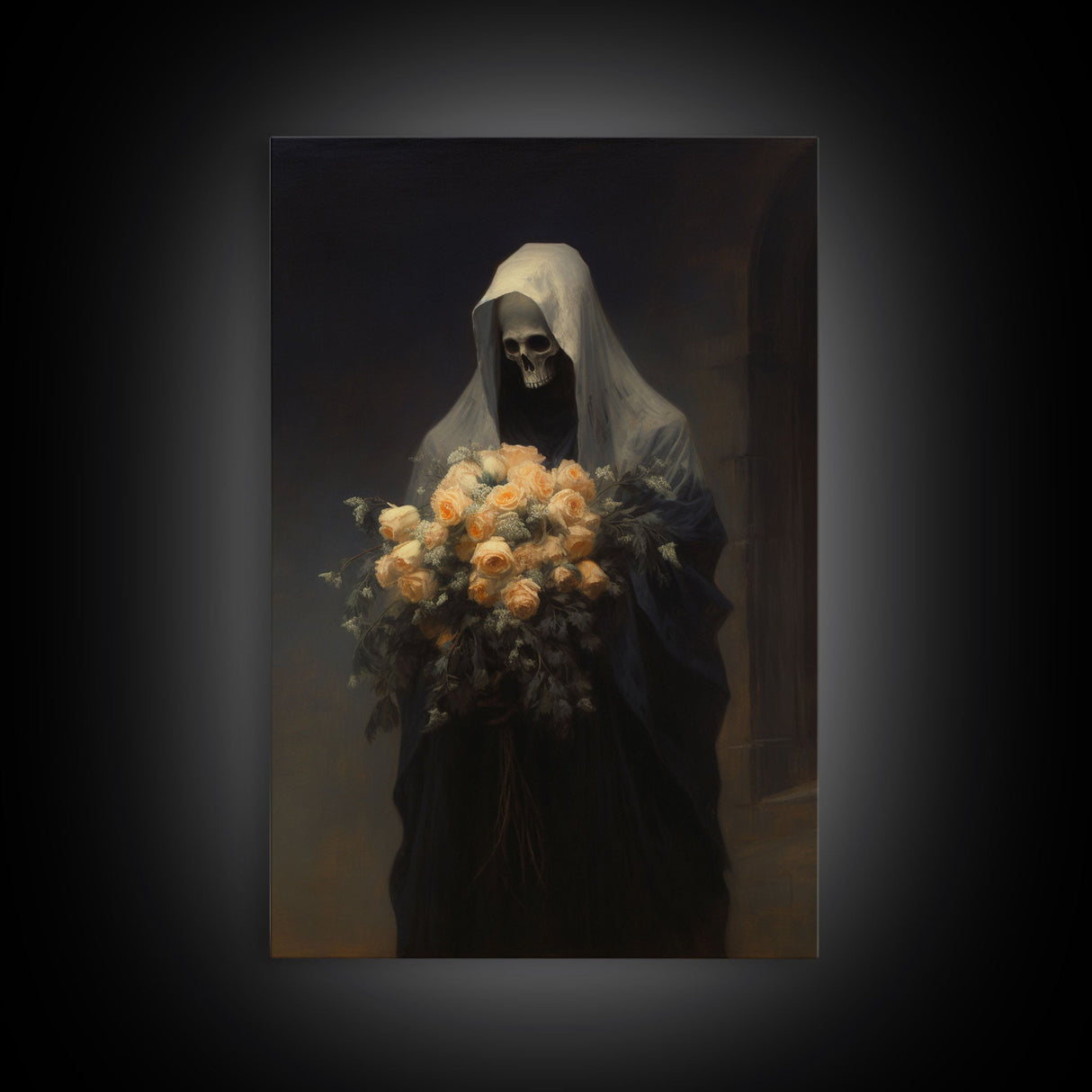 Grim Reaper, Flower Deliveryman, Gothic Halloween Decor, Framed Canvas Print, Scary Horror Art, Goth Decor, Oil Painting, Dark Academia