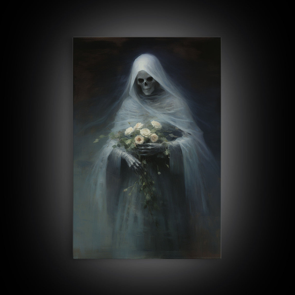 Grim Reaper Holding Flowers, Gothic Halloween Decor, Framed Canvas Print, Scary Horror Art, Goth Decor, Oil Painting, Dark Academia