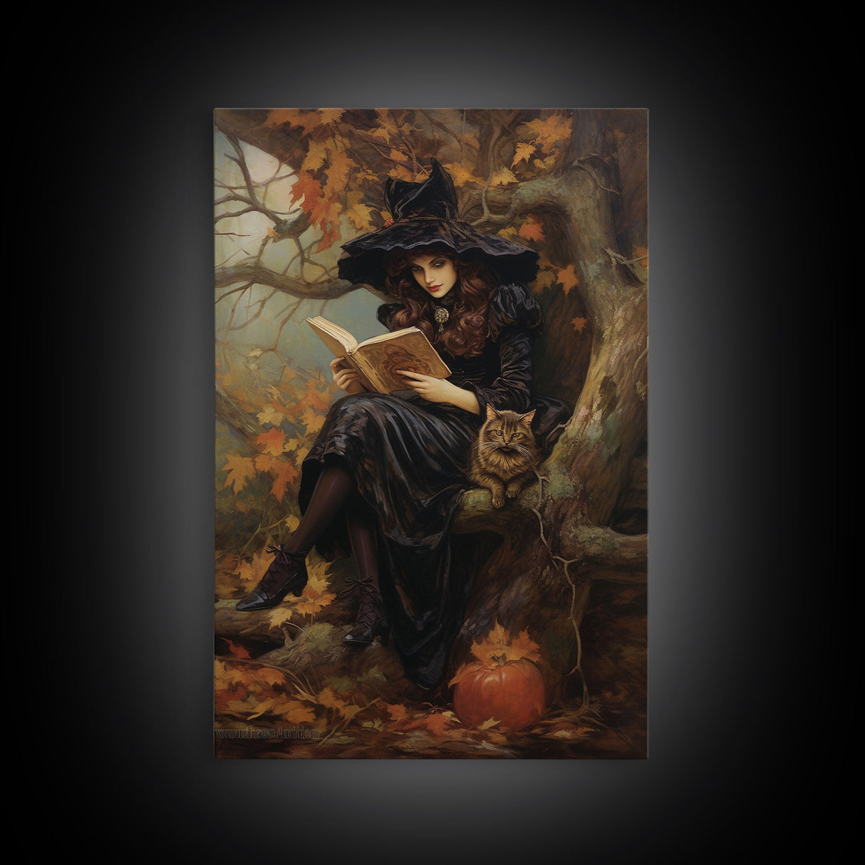 Pretty Witch Reading Spells To Her Black Cat Familiar, Vintage Halloween Art, Framed Canvas Print, Halloween Canvas Art, Witchcraft