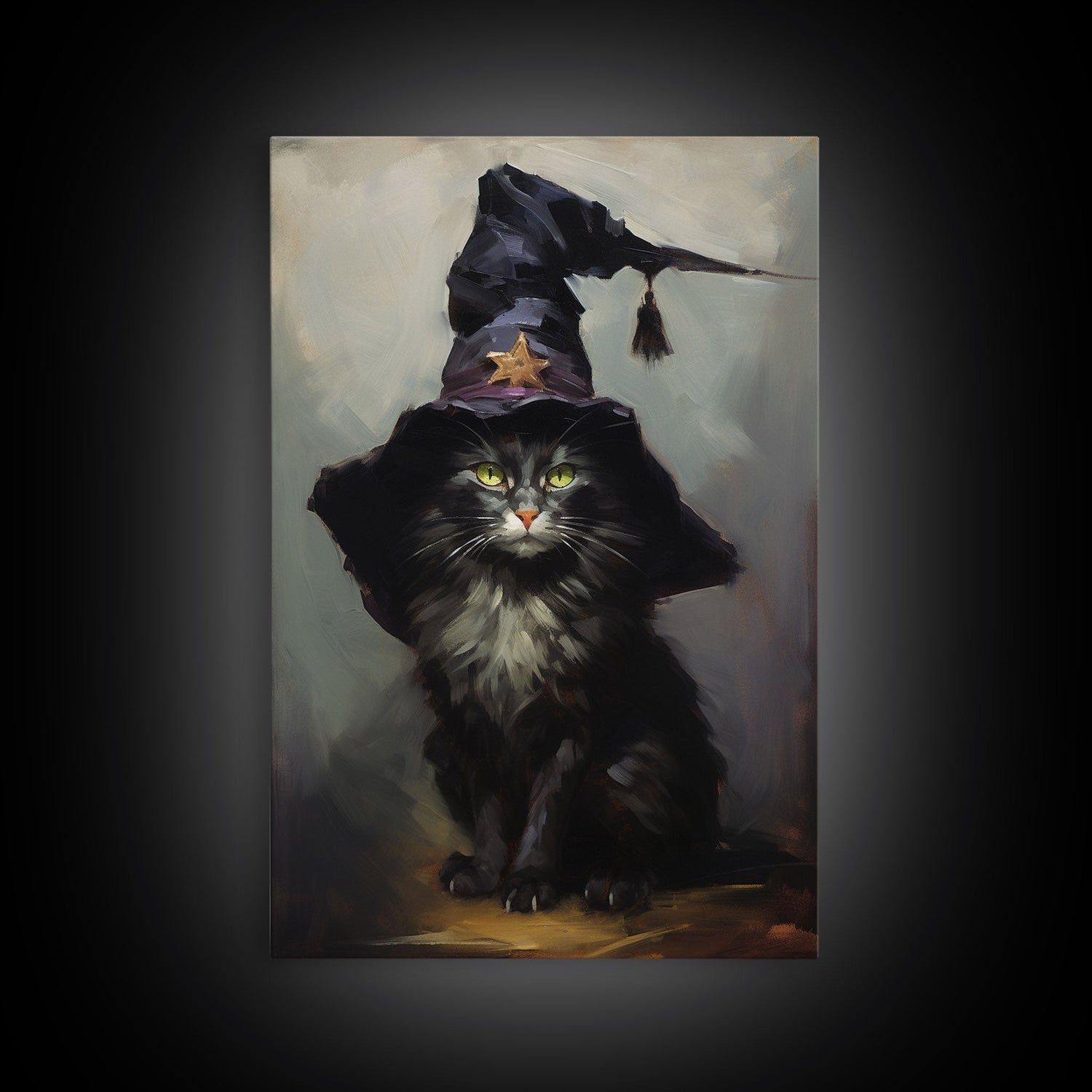 The Wizard Cat, Framed Canvas Print, Dark Academia Halloween Art, Victorian Cat Oil Painting, Goth Halloween Decor
