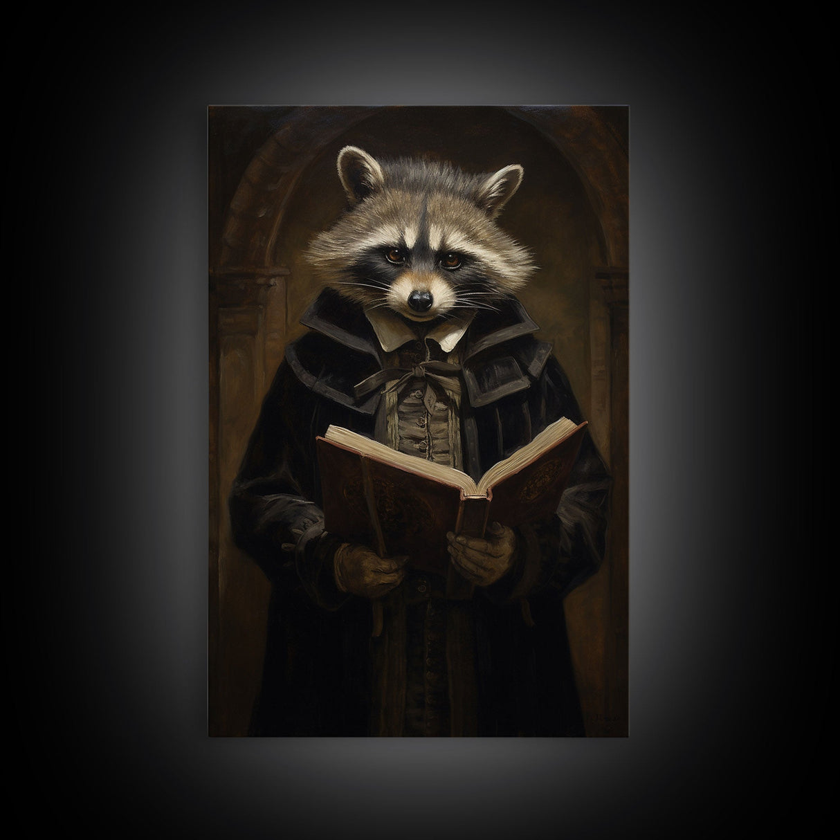 Funny Raccoon Art, Framed Canvas Print Or Poster, Funny Halloween Art, Victorian Raccoon Oil Painting Portrait, Victorian Preacher Raccoon