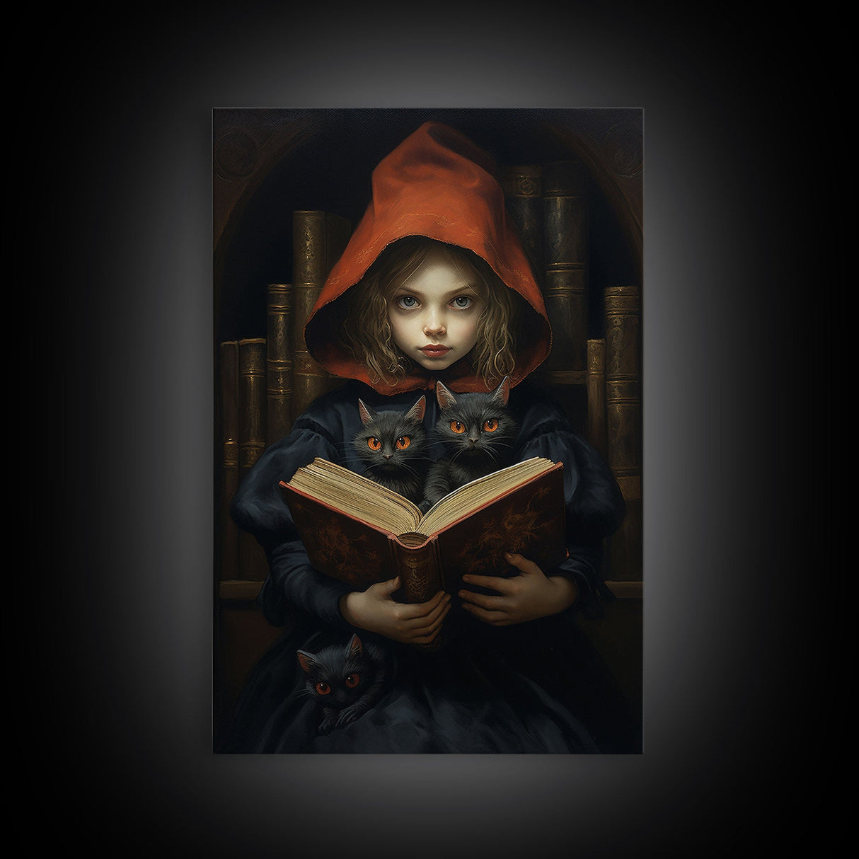 The Little Witch and Her Familiars, Black Cat Halloween Art, Gothic Victorian Dark Academia Witch Portrait, Witchcraft, With Decor