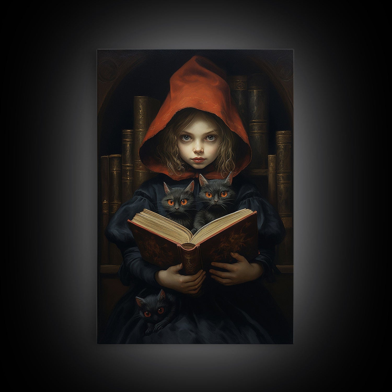 The Little Witch and Her Familiars, Black Cat Halloween Art, Gothic Victorian Dark Academia Witch Portrait, Witchcraft, With Decor