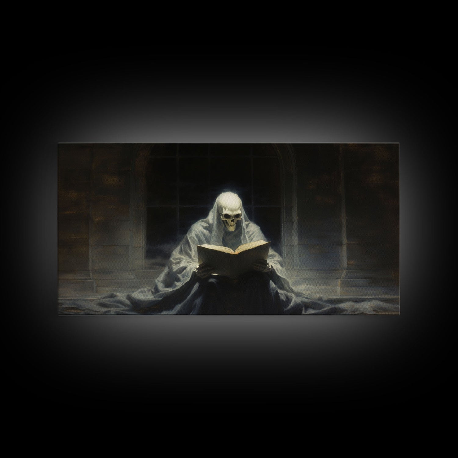 Grim Reaper Reading A Book In A Haunted Library, Framed Canvas Print, Victorian Oil Painting Style, Spooky Halloween Decor, Goth Art