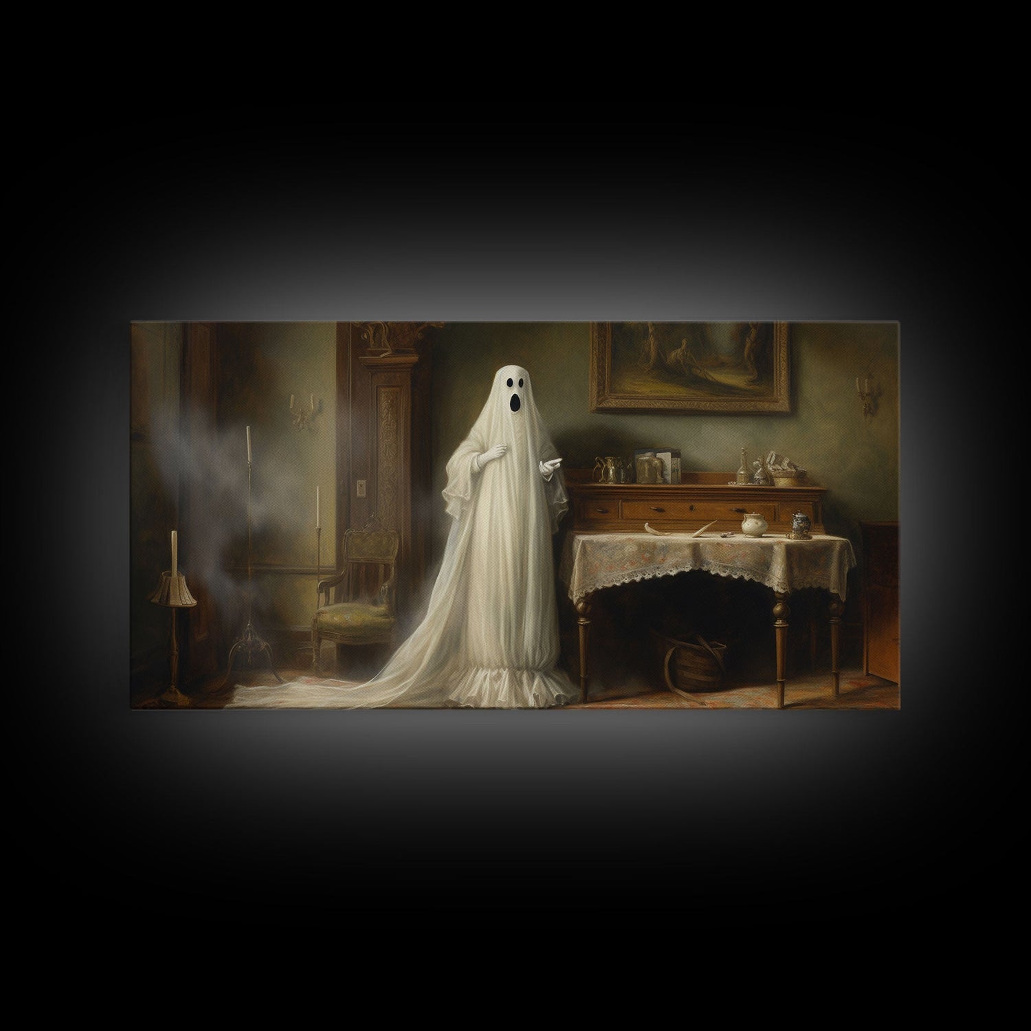 Sheet Ghost Wall Art, Framed Canvas Print, halloween decor, Halloween wall art,  ghost print, dark academia, victorian oil painting