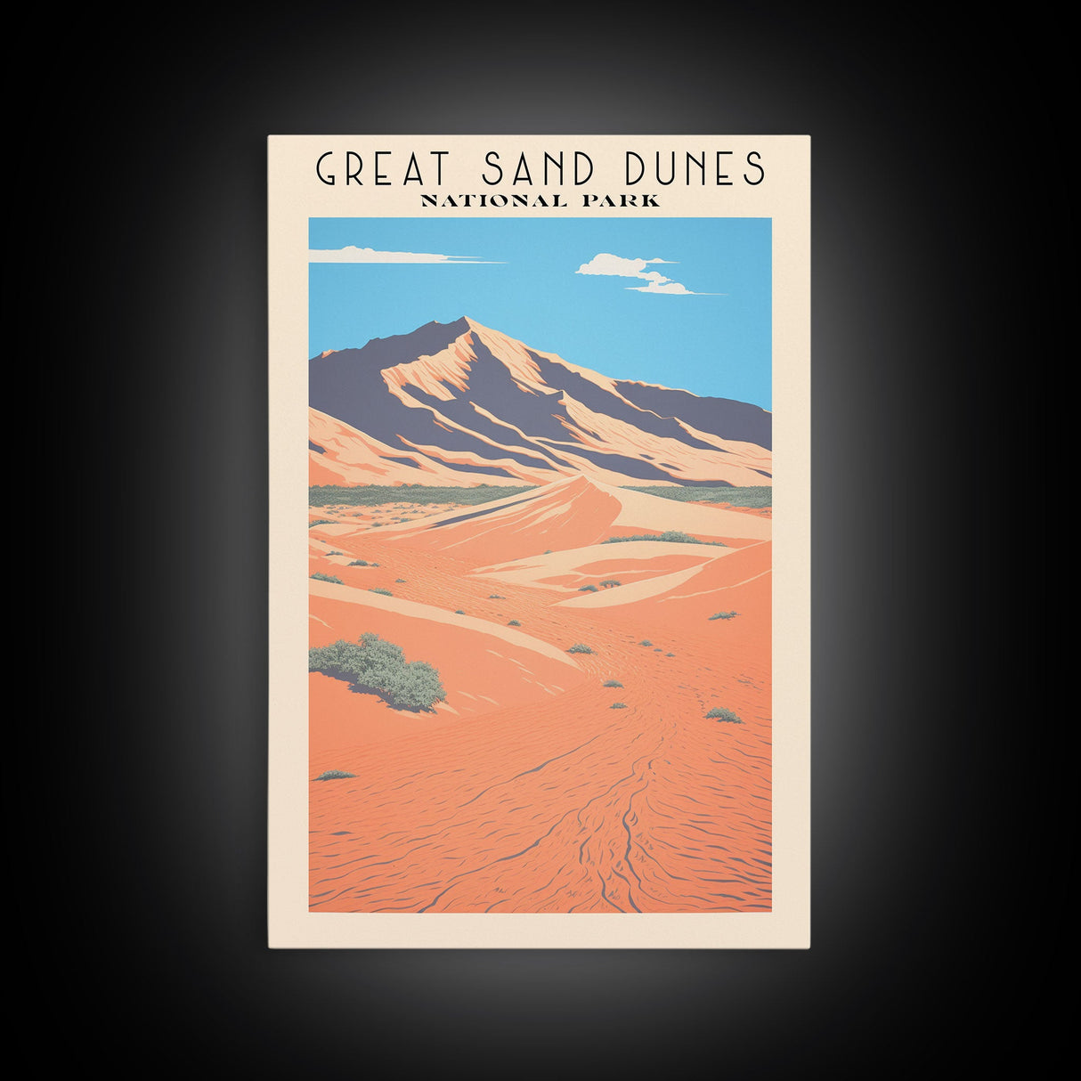 Great Sand Dunes National Park Travel Poster Art, Canvas Print Wall Art, Colorado Travel Art, Midcentury Modern Travel Decor, MCM Wall Art
