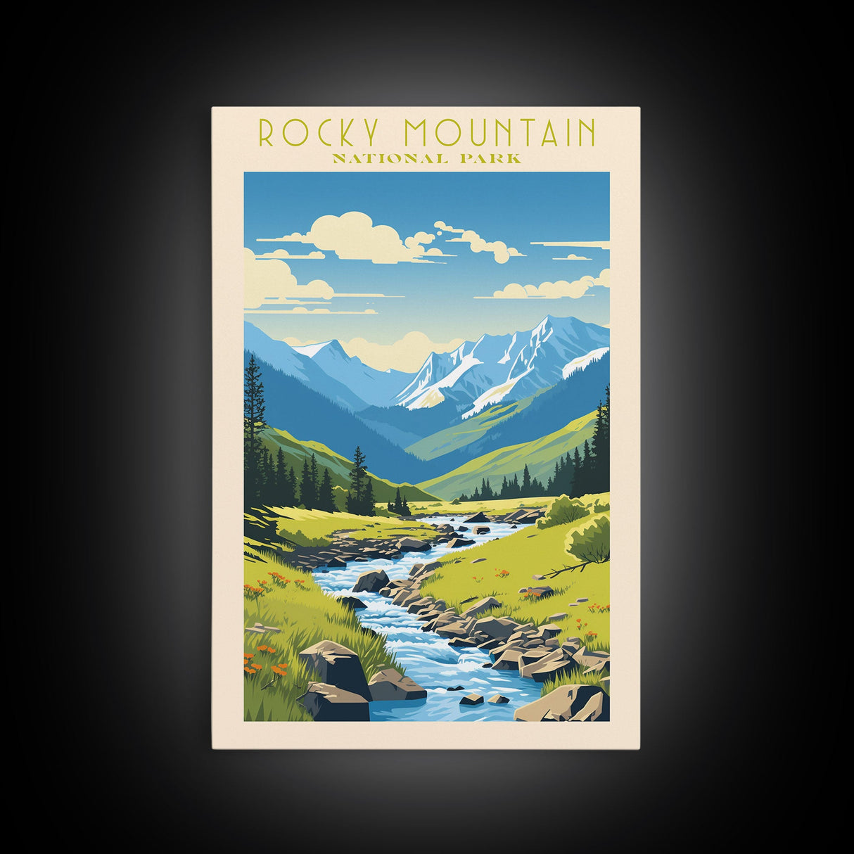 Rocky Mountains National Park Colorado Travel Art, National Park Print, Minimalist Travel Art, Midcentury Modern Style Landscape Painting