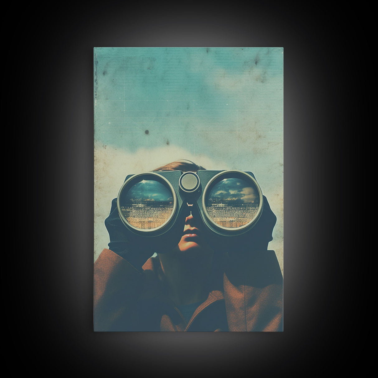 The Spy, Atomic Age Binoculars, Framed Canvas Print, Vaporwave Photography Print, Retro / Minimalist Wall Art