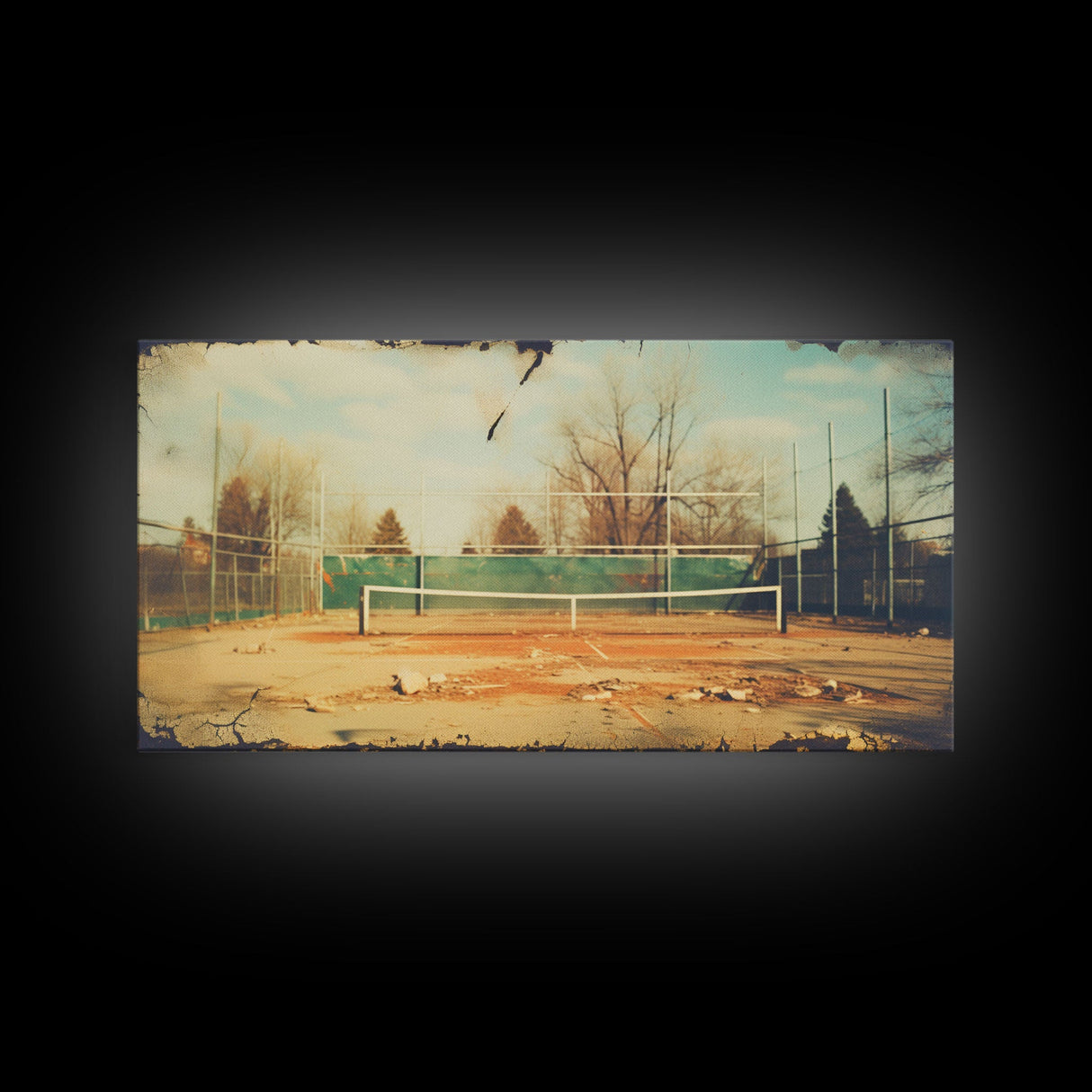 An Abandoned Tennis Court - Old Found Footage Photography - Framed Canvas Print - Urban Decay - Vaporwave Wall Art