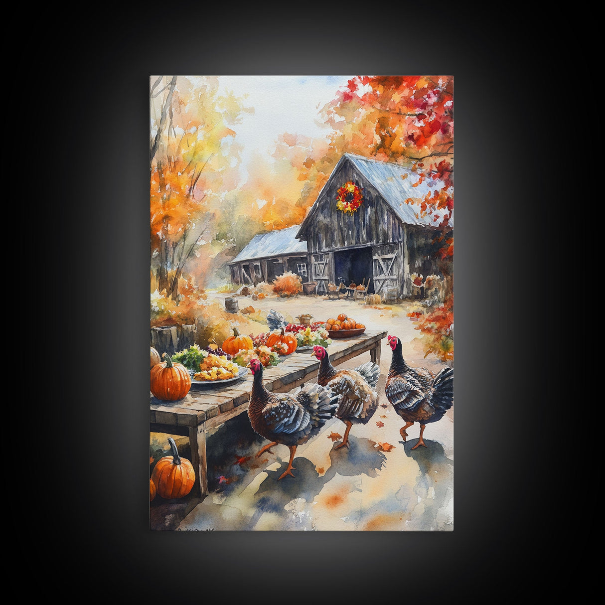 Painting Of A Barn In The Fall, Framed Canvas Print, Thanksgiving Decor, Turkey Painting, Turkey Art