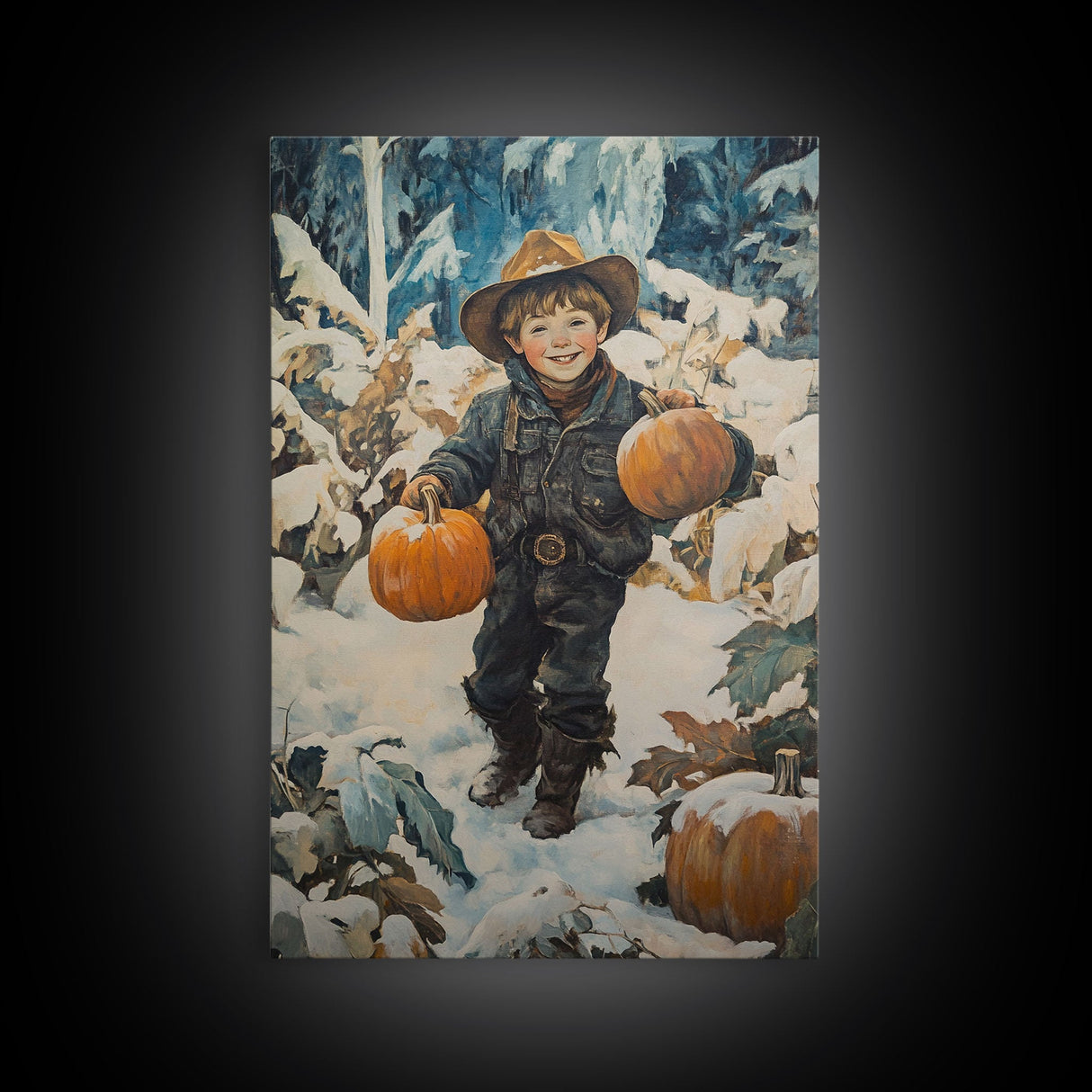 Cowboy Christmas Decor Framed Canvas Print with Pumpkin in Snow, Rustic Holiday Home Wall Art and Seasonal Gift Idea 2024