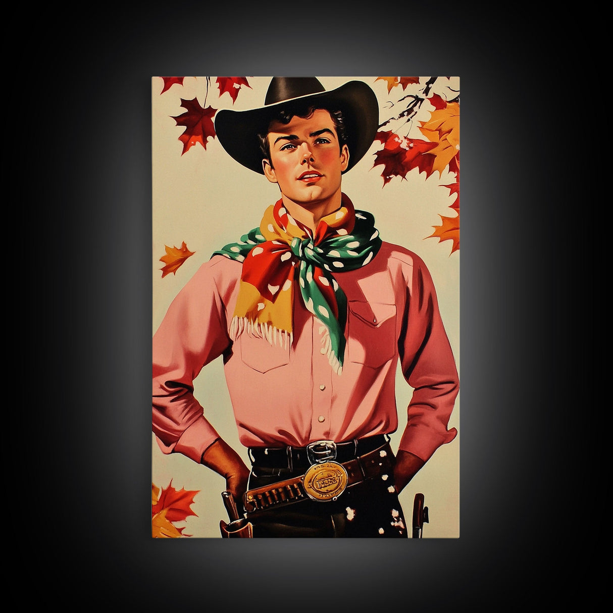Cowboy Christmas Wall Art Canvas Print with Autumn Leaves, Seasonal Holiday Decor and Gift Idea 2024