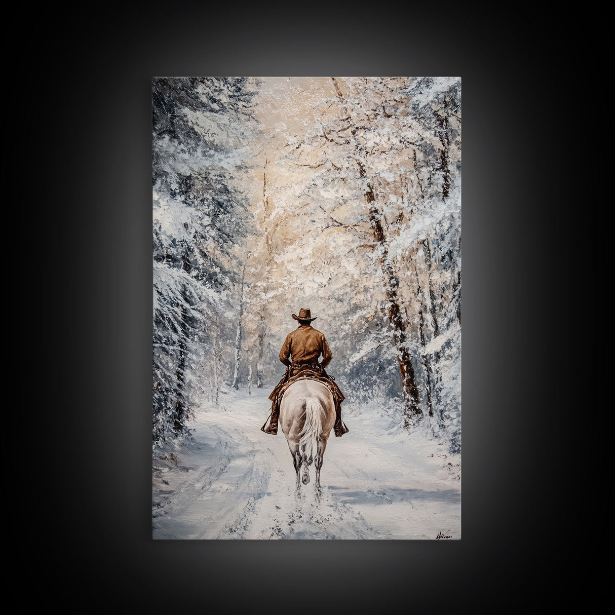 Cowboy by Window with Coffee Framed Canvas Print - Cozy Christmas Wall Art 2024 Rustic Holiday Decor and Gift Idea