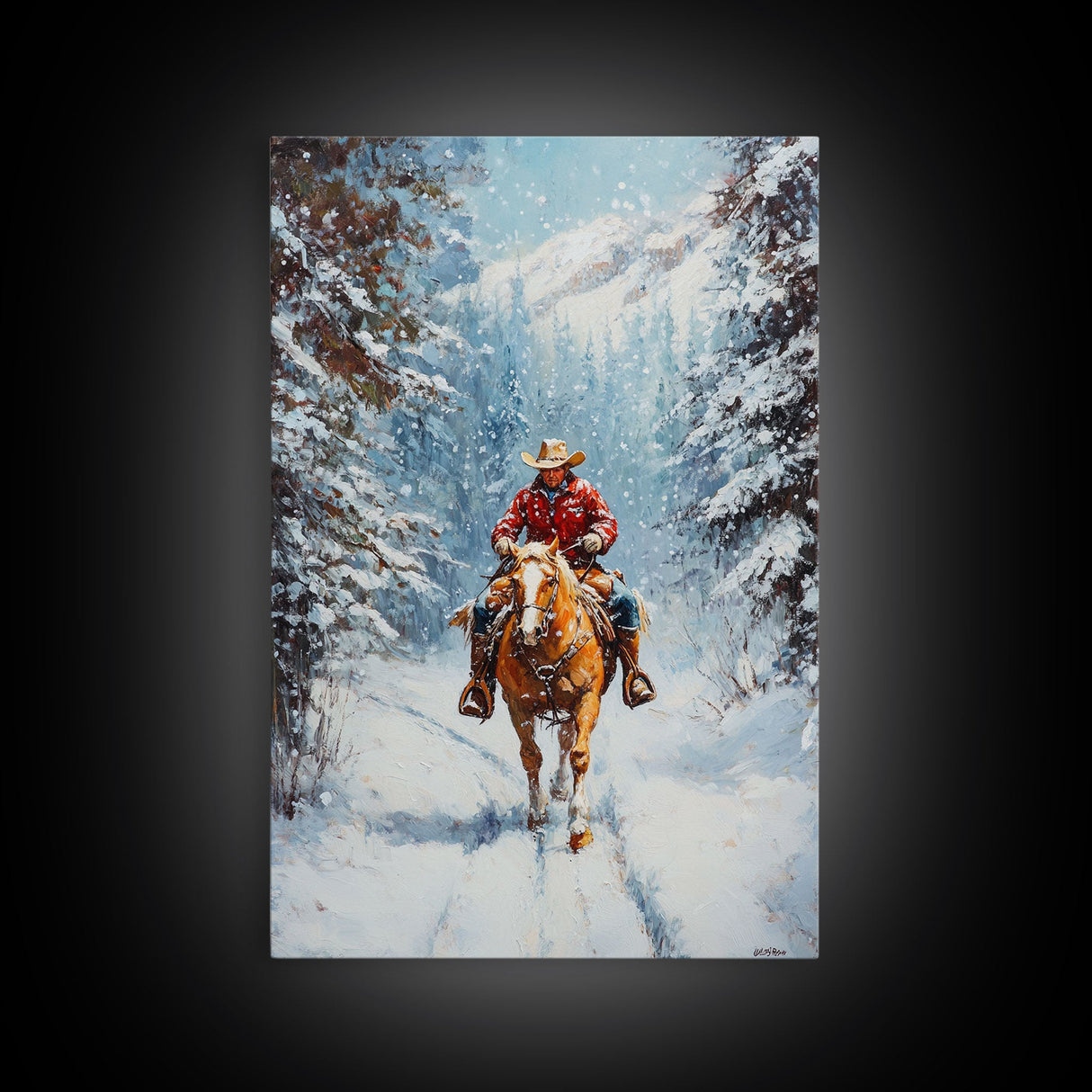 Cowboy Walking Through Snowy Winter Forest Canvas Print, Western Christmas Art Gift, Holiday Wall Decor, Rustic Art, Framed Canvas Print