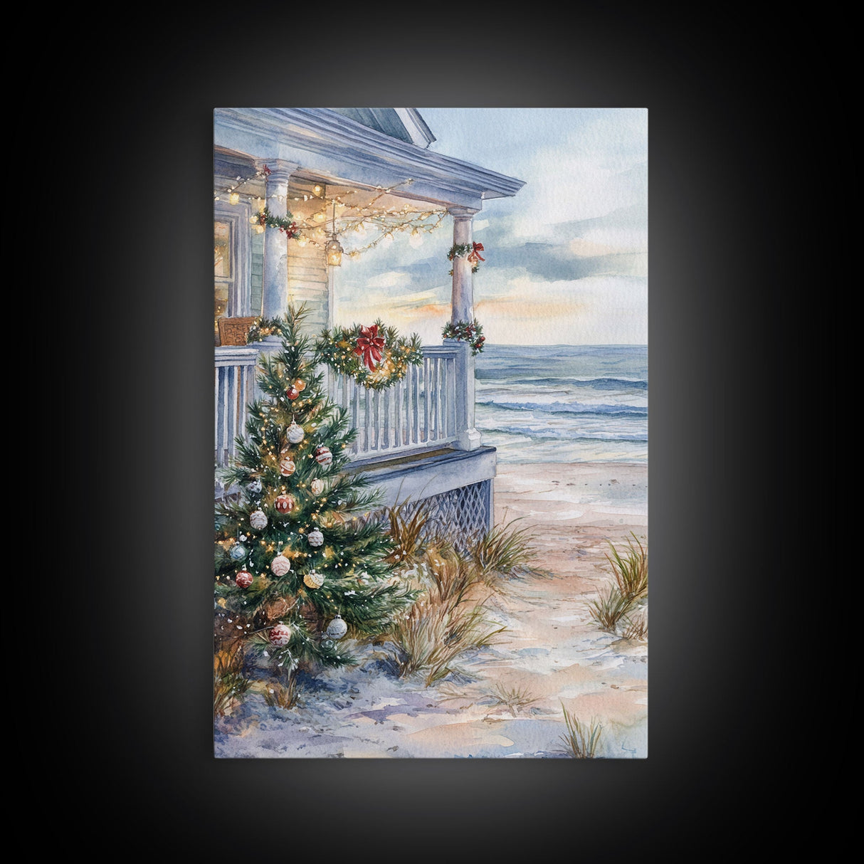Coastal Christmas Tree Framed Canvas Print, Festive Holiday Decor Tree Beach and Ocean View, Nautical Wall Art Tropical Christmas Decor