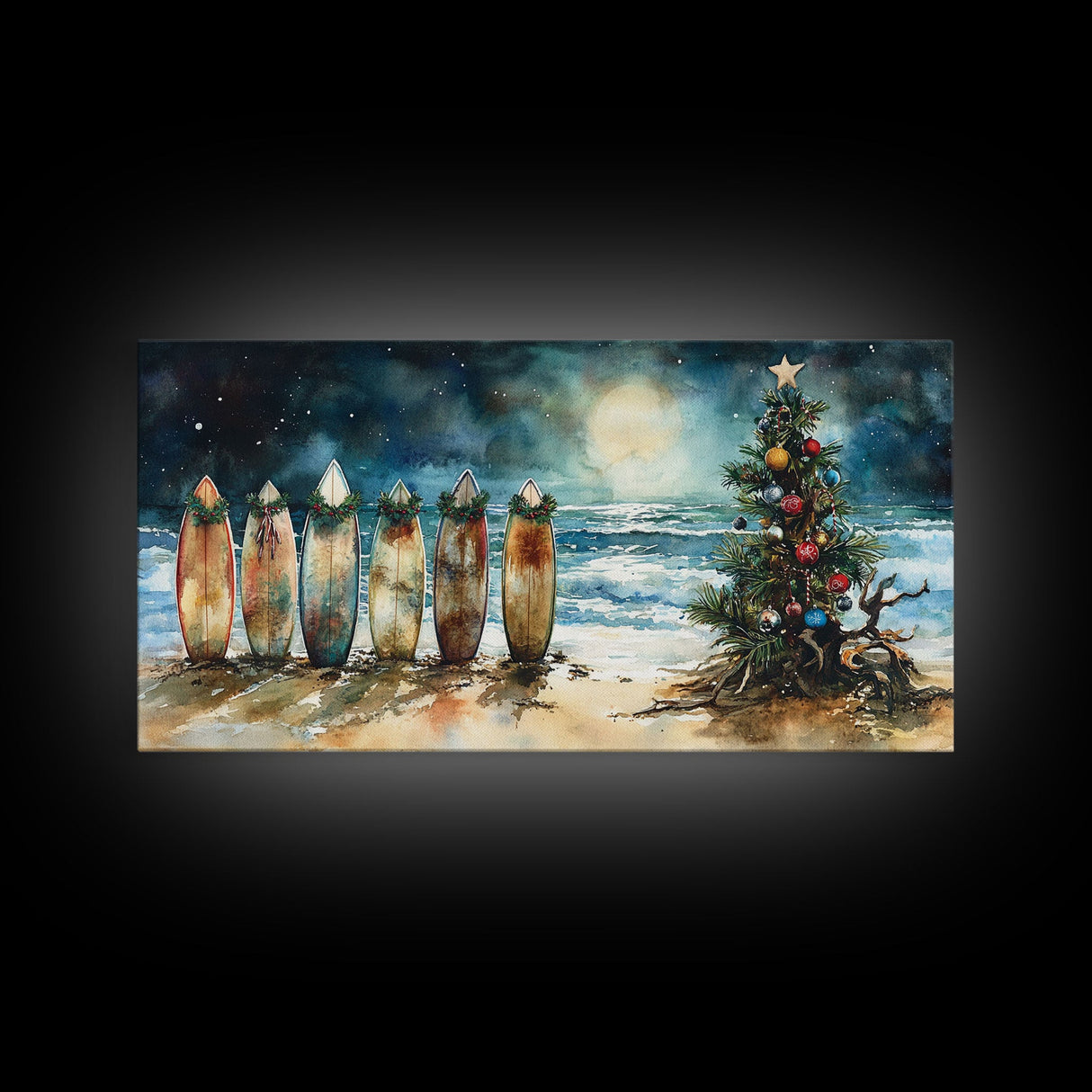 Canvas Print Surfboards and Christmas Tree at Beach, Tropical Christmas Decor, Beach Christmas Art, Coastal Holiday Wall Art