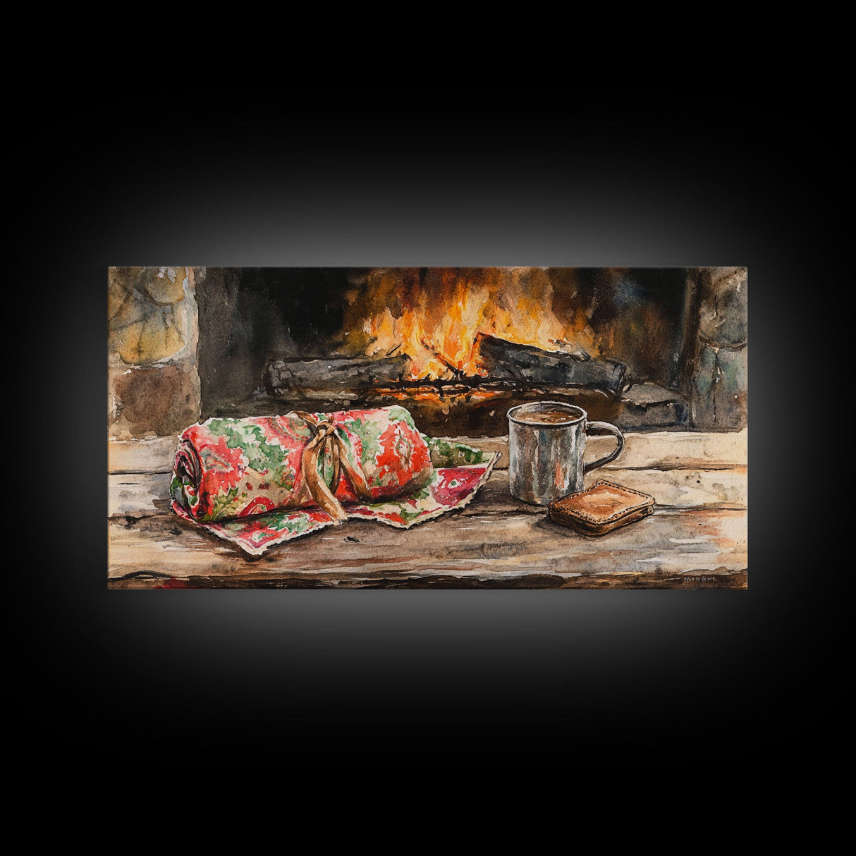 Canvas Print Cozy Fireplace with Christmas Blanket and Mug, Rustic Christmas Decor, Holiday Home Art, Warm Christmas Wall Art