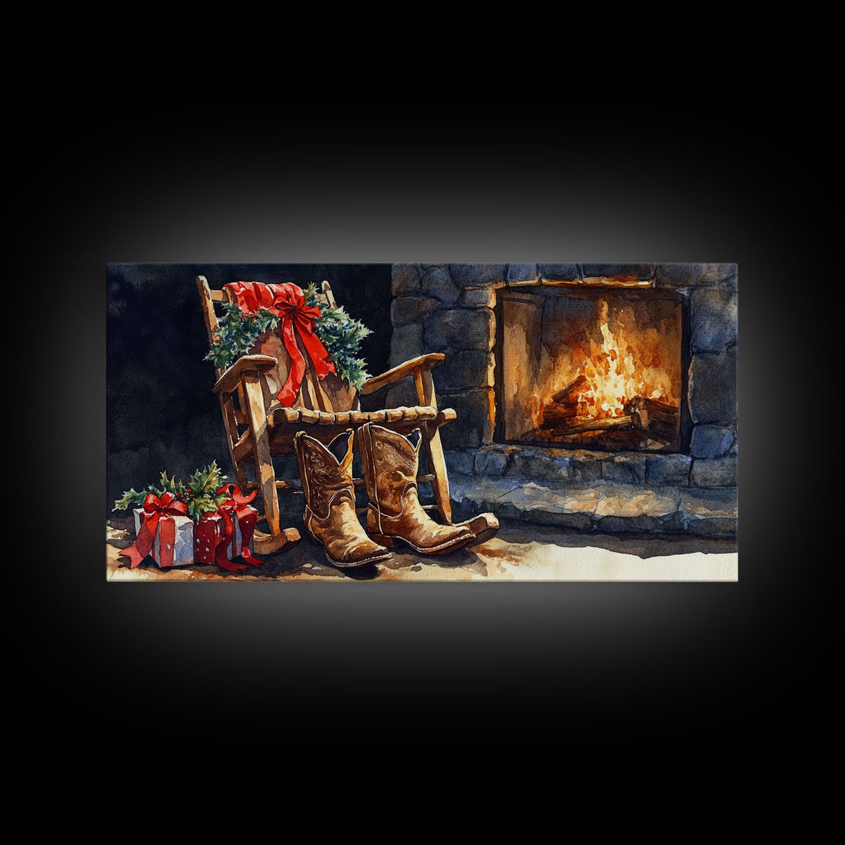 Canvas Print Rocking Chair and Cowboy Boots by Fireplace, Cozy Christmas Decor, Western Holiday Wall Art, Rustic Christmas Scene