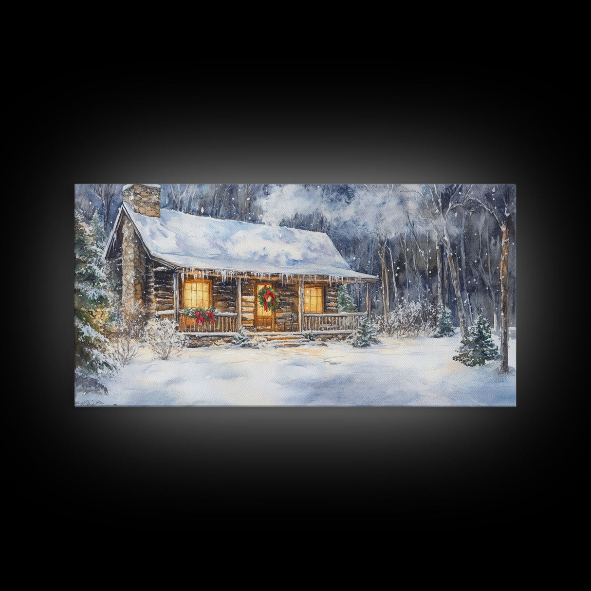 Snowy cabin Christmas decor, winter wonderland wall art, rustic farmhouse Christmas print, cozy country home decor, framed canvas print