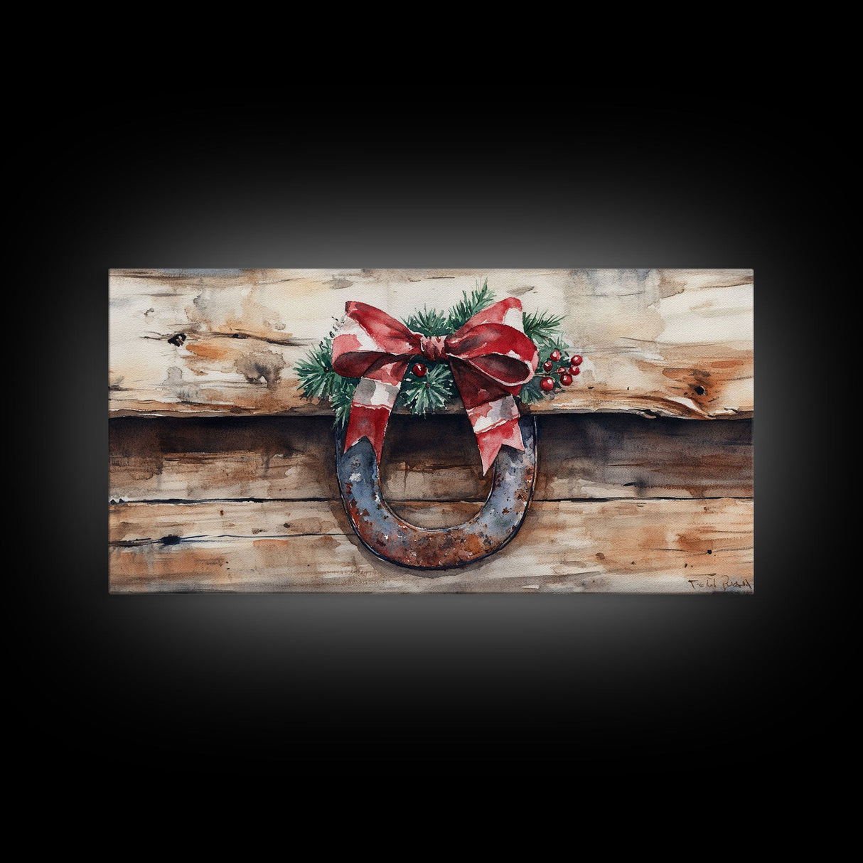 Festive horseshoe Christmas art, rustic holiday decor, farmhouse holiday gift idea, cozy winter home decor, framed canvas print