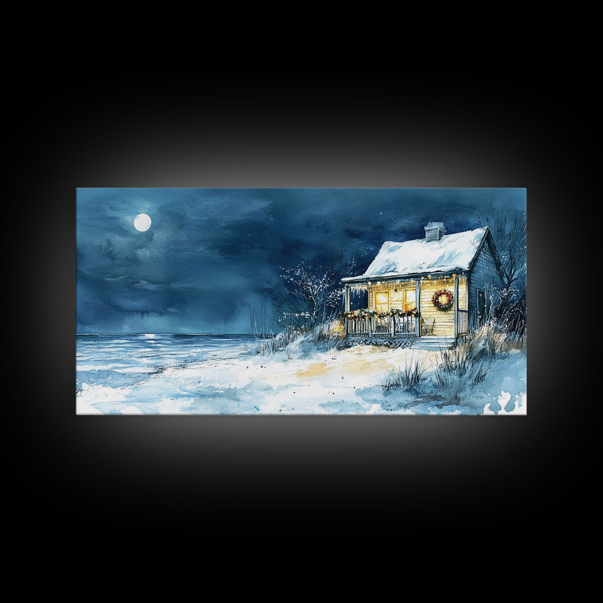 Coastal Christmas cabin decor, winter beach house art, snowy holiday seaside print, cozy Christmas wall art, framed canvas print