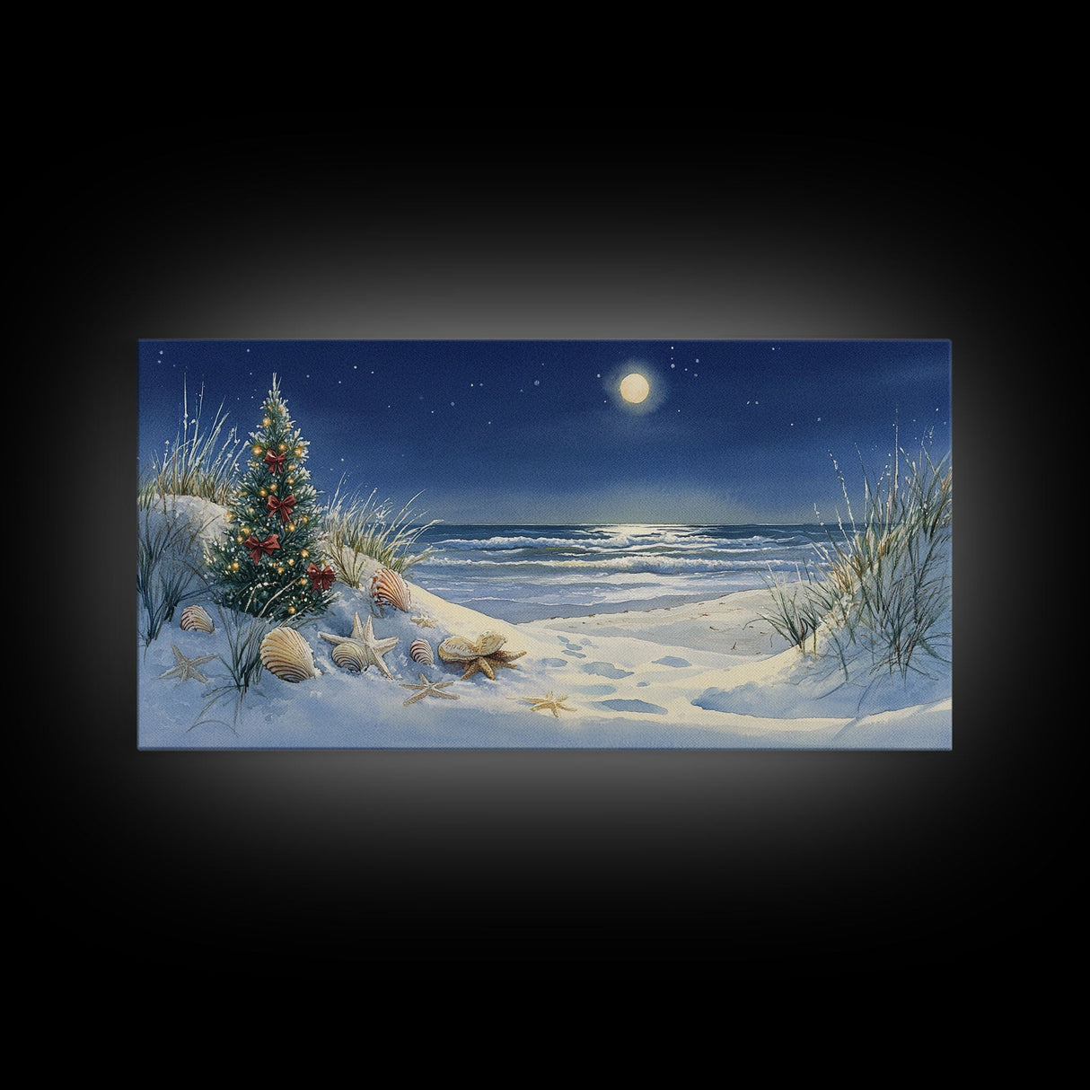 Christmas Tree on Snowy Beach with Full Moon, Framed Canvas Print, Coastal Christmas Art, Nautical Holiday Decor, Winter Wonderland, Beach