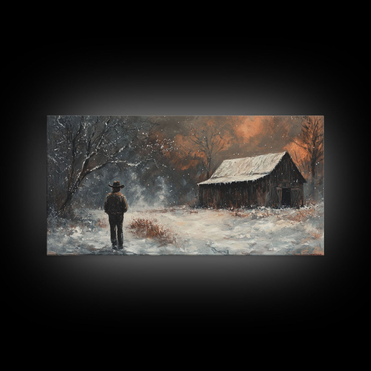 Cowboy On The Farm, Framed Canvas Print Fall Cowboy Wall Art Above Sofa Decor Moody Fall Western Wall Art