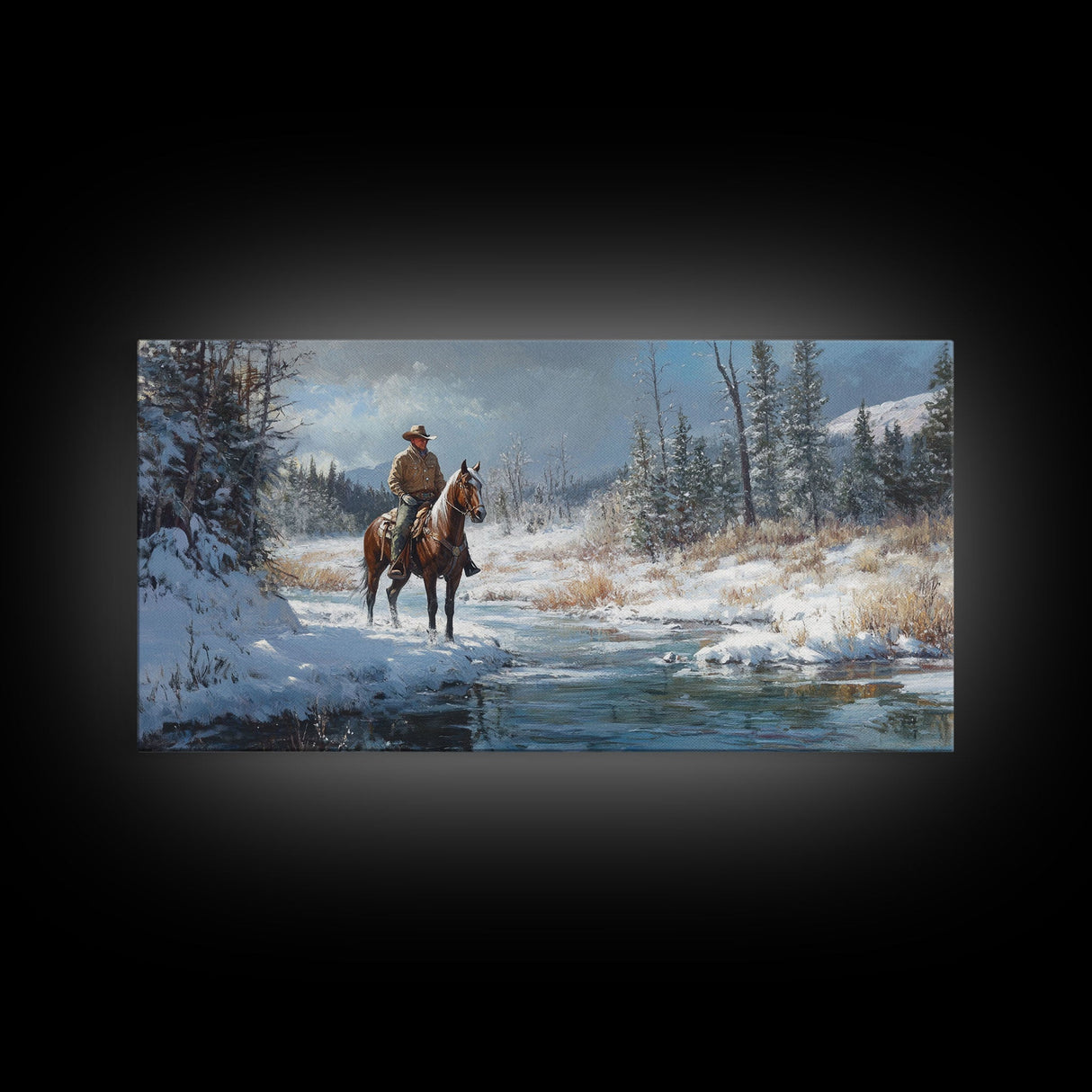 Cowboy riding horse through vibrant autumn forest, Framed Canvas Print, tall fall wall art, rustic western decor, moody landscape