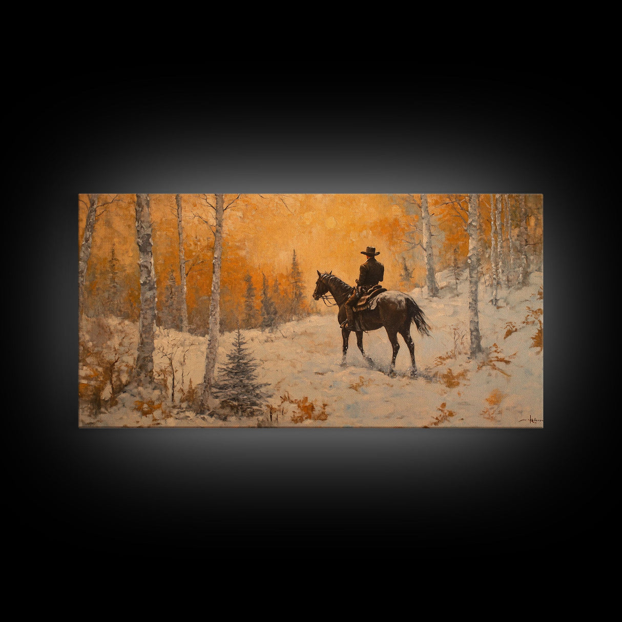 Cowboy riding horse through deep snow in a winter storm, Framed Canvas Print, dynamic winter wall art, rustic western home decor