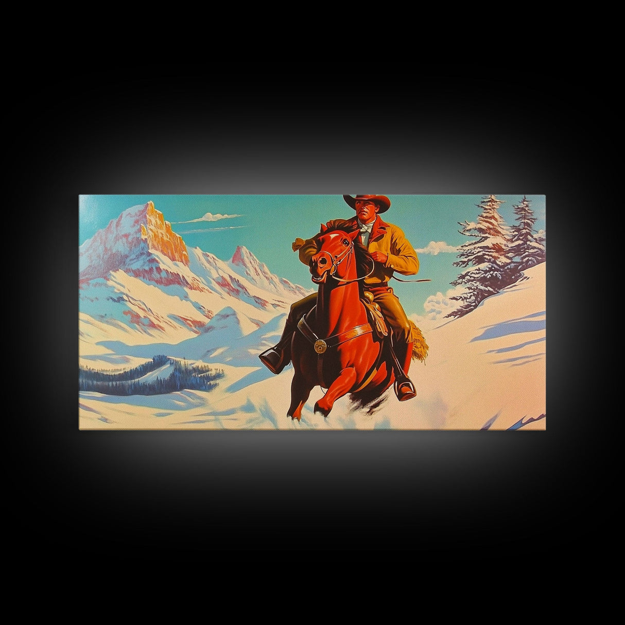 Cowboy in red jacket riding through snow-covered forest, Framed Canvas Print, vibrant winter wall art, rustic western decor