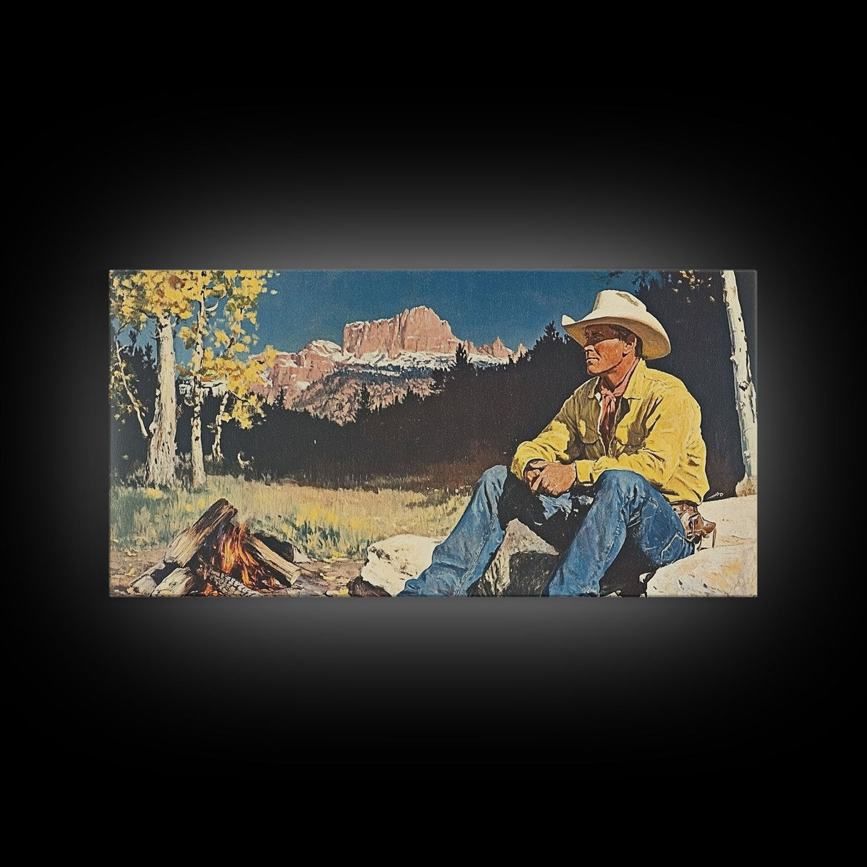 Bold monochromatic Framed Canvas Print showcasing a woman in a cowboy hat with horses in a snowy mountain landscape, rustic winter wall art